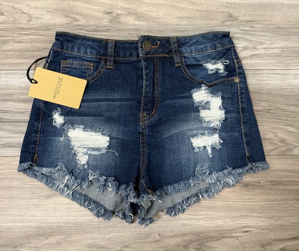 Machine Distressed Denim Shorts SZ/ S/26 Dark Wash Raw Hem Stretch NWT